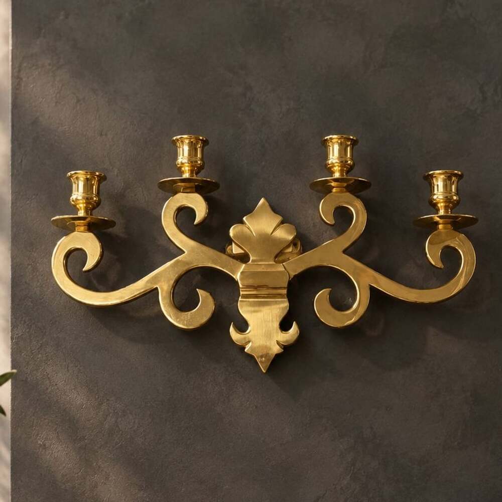 Vintage Solid Brass Wall Sconce 4 Candle Holder Fleur De Lis
